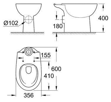 Унитаз напольный Grohe Bau Ceramic безободковый, горизонтальный выпуск, альпин/белый, 39349000