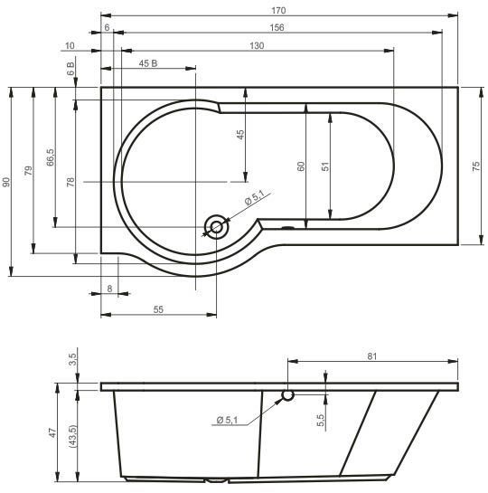 Ванна акриловая Riho DORADO 170х75R, BA8000500000000