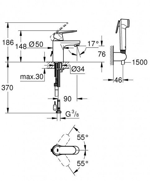Смеситель для раковины Grohe Eurosmart Cosmopolitan с гигиеническим душем, хром, 23125000