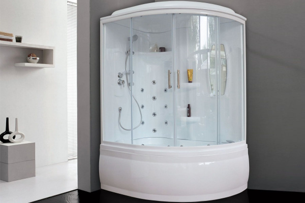 Гидромассажный бокс Royal Bath 150х100х225, прозрачное стекло, белый профиль, левая, RB 150ALP-T-L