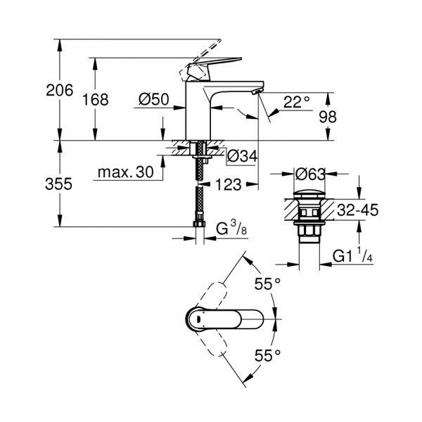 Смеситель для раковины Grohe Eurosmart Cosmopolitan нажимной донный клапан, 23926000