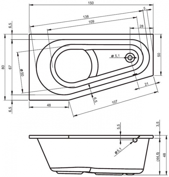 Ванна акриловая Riho DELTA 150х80 L, BB8100500000000