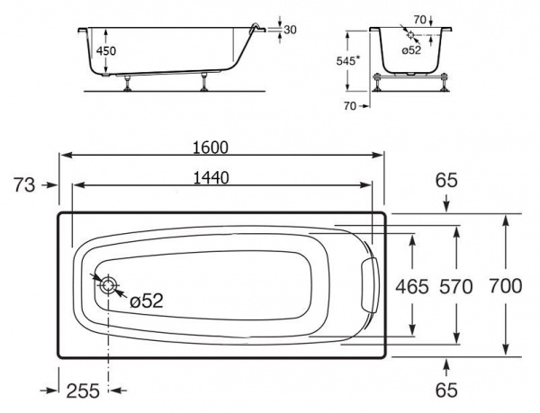 Ванна акриловая Roca Дженова Н / Genova N 1600 x 700 x 450, Z.RU93.0.297.3
