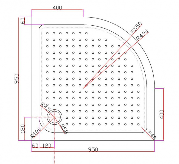 Поддон акриловый Cezares радиальный, R-550 950x950x150, TRAY-A-R-95-550-15-W