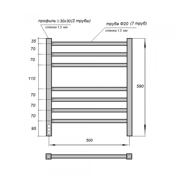 Полотенцесушитель электрический Point белый П7 500x600, диммер слева, PN70756W