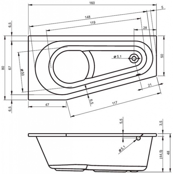 Ванна акриловая Riho DELTA 160х80 R, BB8200500000000