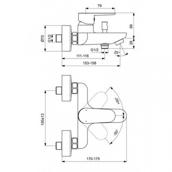 Настенный смеситель для ванны/душа Ideal Standard CERAFINE O, хром, BC500AA