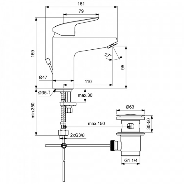 Смеситель для умывальника Ideal Standard CERAFLEX Grande, система монтажа EASY-FIX, облегченный монт