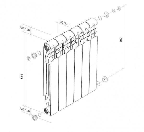 Радиатор биметаллический Royal Thermo Revolution Bimetall 500 2.0 – 6 секций, белый, RTRB250006