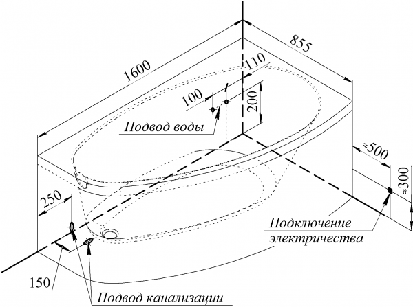 Ванна акриловая Radomir "ОРСИНИ", 1600х900 (левое исполнение), рама-подставка, 1-01-0-1-1-032