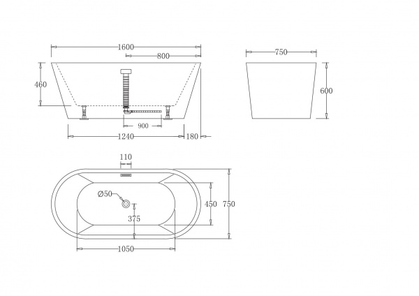 Ванна акриловая BelBagno 160*75 см, белая, без перелива, BB71-1600-W0