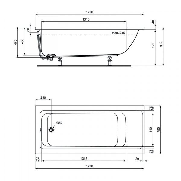 Ванна акриловая Ideal Standard CONNECT AIR, встраиваемая, прямоугольная, 170х75 см, E106401