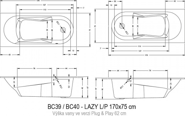 Ванна акриловая Riho LAZY LEFT - PLUG & PLAY 170x75, BD8000500000000
