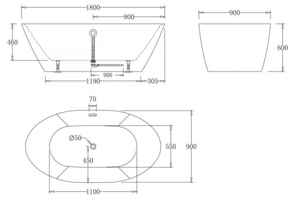 Ванна акриловая BelBagno 180*90 см, белая, BB68-1800