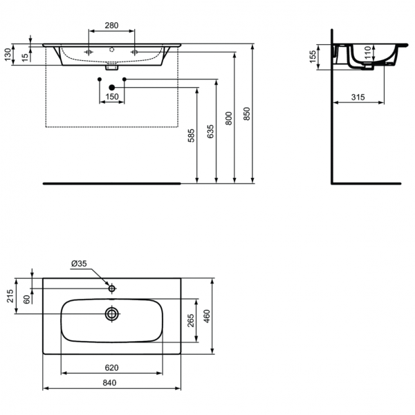 Раковина Ideal Standard i.life Vanity 84x46 см с отверстием под смеситель, T462001
