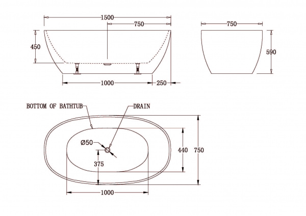 Ванна акриловая BelBagno 150*75 см, белая, без перелива, BB81-1500-W0